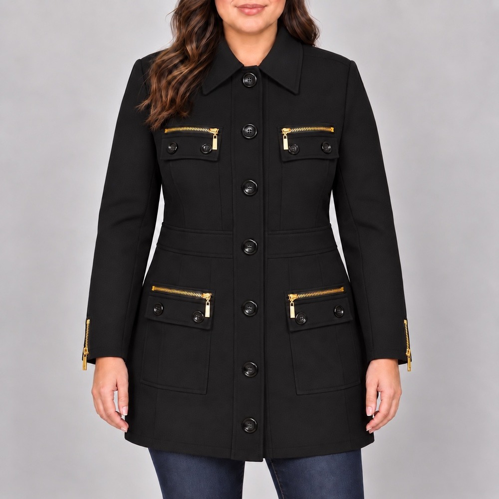 XL 110 NWOT INC Black Military Utility Jacket Gold Zip Pockets Longline Coat
